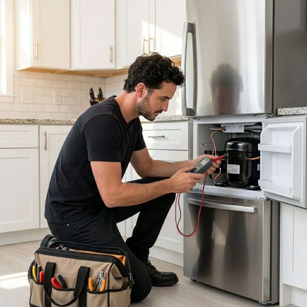 Professional appliance repair technician servicing a refrigerator